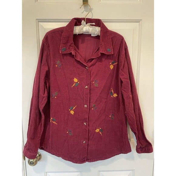 VTG Bobbie Brooks Corduroy Halloween Autumn Leaves Button Up Large Long Sleeve - Picture 1 of 8